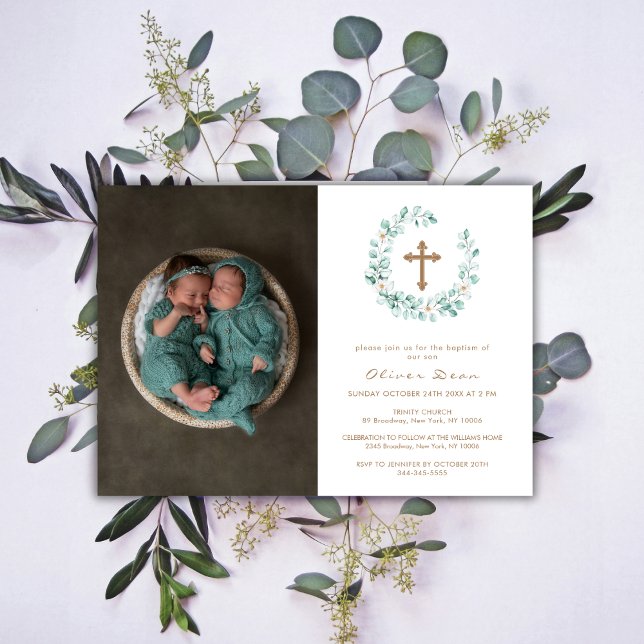 Invitación Elegante Eucalyptus Photo Gold Cross Baptism (Elegant Eucalyptus Photo Gold Cross Baptism Invitation)