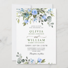 Invitación Elegante Eucalyptus Rosas Azules Boda de Verdor