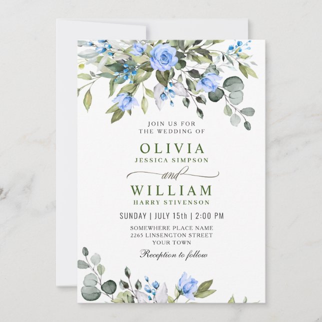 Invitación Elegante Eucalyptus Rosas Azules Boda de Verdor (Anverso)
