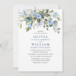 Invitación Elegante Eucalyptus Rosas Azules Boda de Verdor