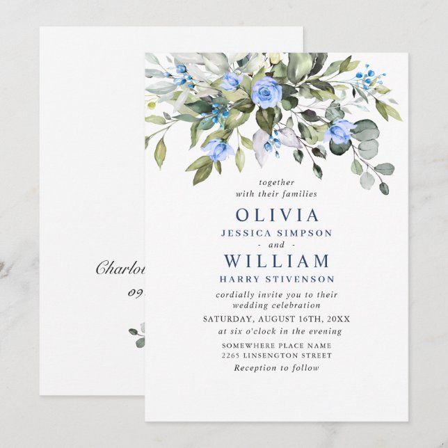 Invitación Elegante Eucalyptus Rosas Azules Boda de Verdor (Anverso / Reverso)