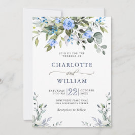 Invitación Elegante Eucalyptus Rosas Azules Boda de Verdor