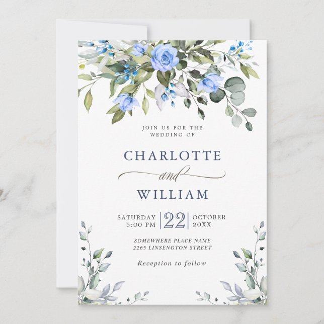 Invitación Elegante Eucalyptus Rosas Azules Boda de Verdor (Anverso)
