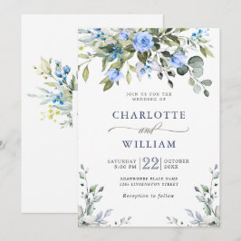 Invitación Elegante Eucalyptus Rosas Azules Boda de Verdor