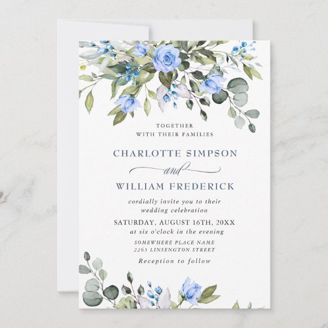 Invitación Elegante Eucalyptus Rosas Azules Boda de Verdor (Anverso)