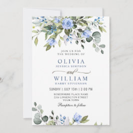 Invitación Elegante Eucalyptus Rosas Azules Boda de Verdor In
