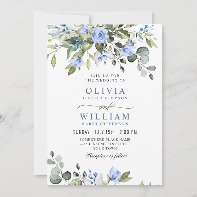 Invitación Elegante Eucalyptus Rosas Azules Boda de Verdor In (Anverso)