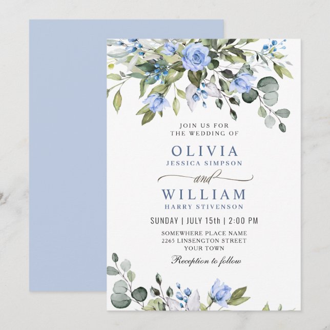 Invitación Elegante Eucalyptus Rosas Azules Boda de Verdor In (Anverso / Reverso)