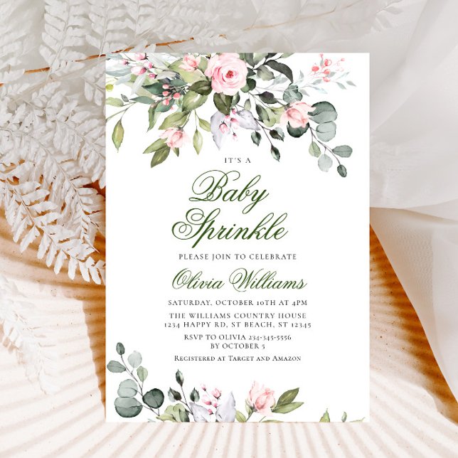 Invitación Elegante Eucalyptus Rosas Rubor Baby Sprinkle (Subido por el creador)