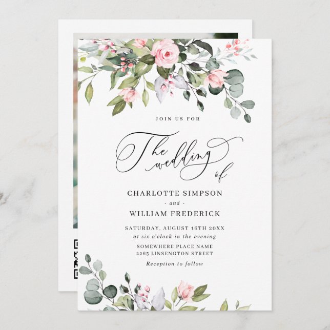 Invitación Elegante Eucalyptus Rosas Rubor Boda de código QR (Anverso / Reverso)