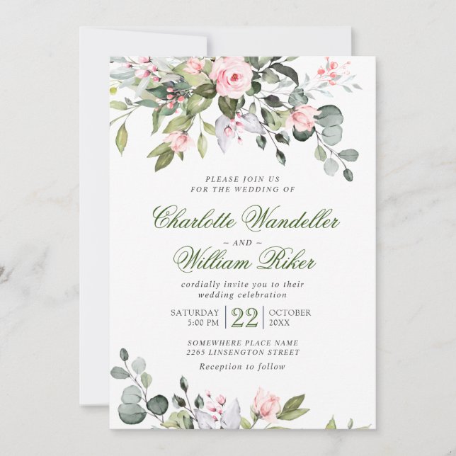 Invitación Elegante Eucalyptus Rosas Rubor Boda de Verdor (Anverso)