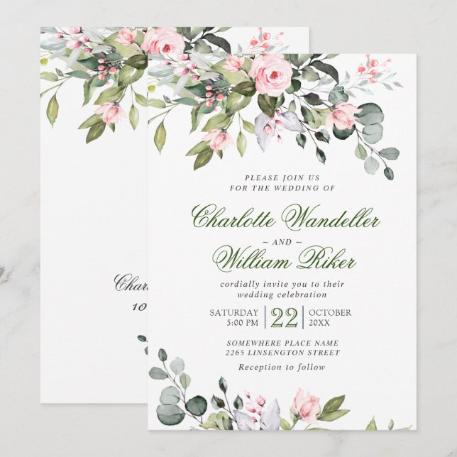 Invitación Elegante Eucalyptus Rosas Rubor Boda de Verdor (Anverso / Reverso)