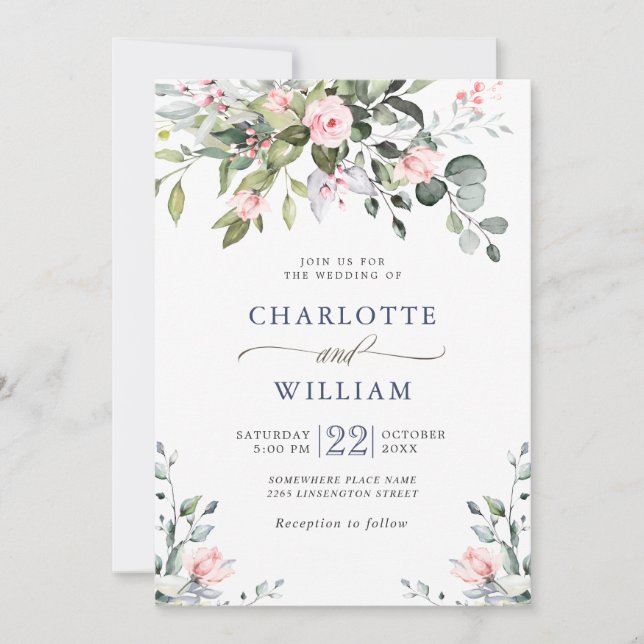 Invitación Elegante Eucalyptus Rosas Rubor Boda de Verdor (Anverso)