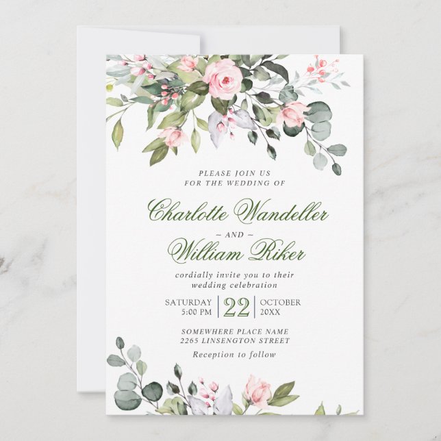 Invitación Elegante Eucalyptus Rosas Rubor Boda de Verdor (Anverso)