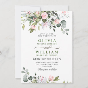Invitación Elegante Eucalyptus Rosas Rubor Boda de Verdor
