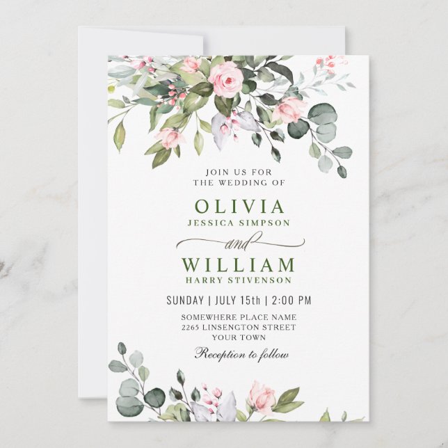 Invitación Elegante Eucalyptus Rosas Rubor Boda de Verdor (Anverso)