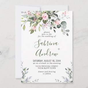 Invitación Elegante Eucalyptus Rosas Rubor Boda de Verdor
