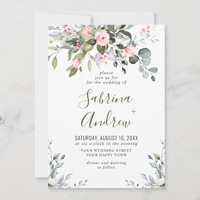 Invitación Elegante Eucalyptus Rosas Rubor Boda de Verdor (Anverso)