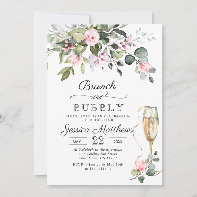 Invitación Elegante Eucalyptus Rosas Rubor Brunch & Bubbly (Anverso)