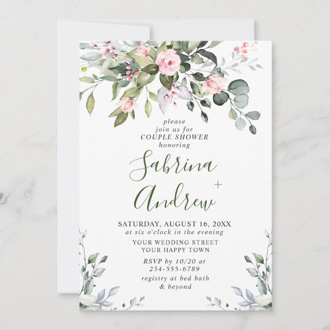 Invitación Elegante Eucalyptus Rosas Rubor DUCHA DE PAREJA (Anverso)