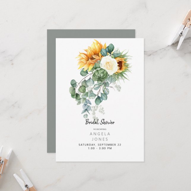 Invitación Elegante Eucalyptus Sunflower Bridal Shower (Anverso/Reverso In Situ)