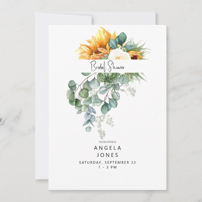 Invitación Elegante Eucalyptus Sunflower Bridal Shower (Anverso)