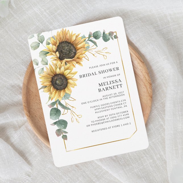 Invitación Elegante Eucalyptus Sunflower Floral Bridal Shower (Floral Sunflower Eucalyptus Watercolor Bridal Shower Invitation)
