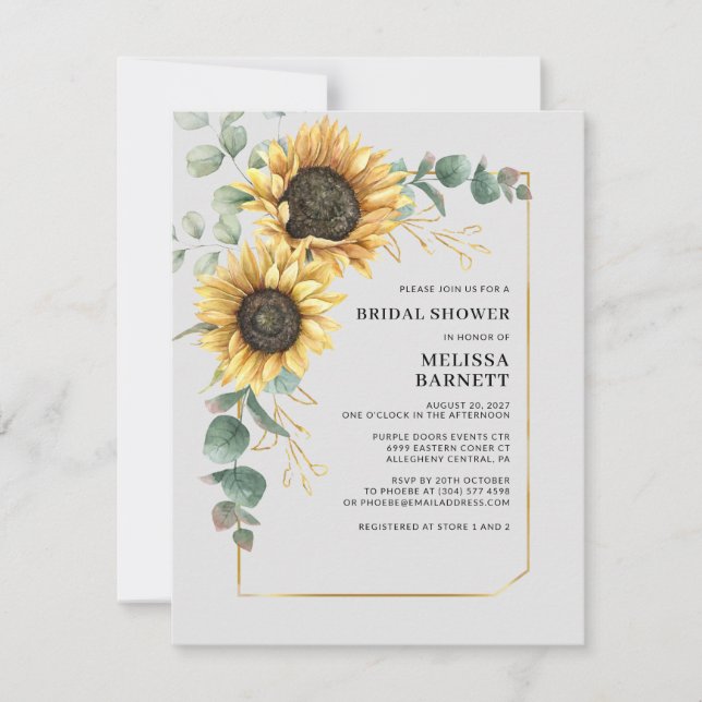 Invitación Elegante Eucalyptus Sunflower Floral Bridal Shower (Anverso)