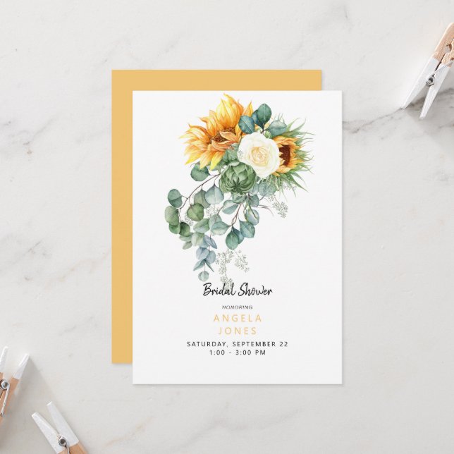 Invitación Elegante Eucalyptus Sunflower Tuscan Bridal Shower (Anverso/Reverso In Situ)