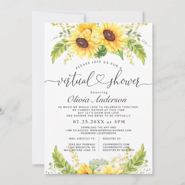Invitación Elegante Eucalyptus Sunflower Virtual Bridal Showe (Anverso)