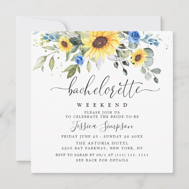 Invitación Elegante Eucalyptus Sunflowers Bachelorette Weeken (Anverso)