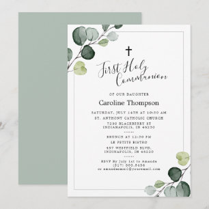 Invitación Elegante Eucalyptus Verdor Primera Santa Comunión