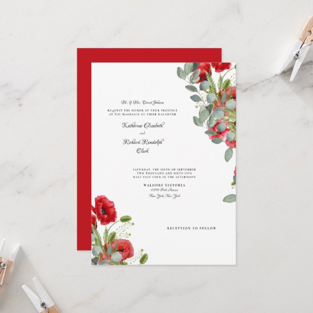 Invitación Elegante Eucalyptus Vibrante Boda Floral Rojo (Anverso/Reverso In Situ)