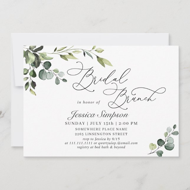 Invitación Elegante Eucalyptus Watercolor Bridal Brunch (Anverso)