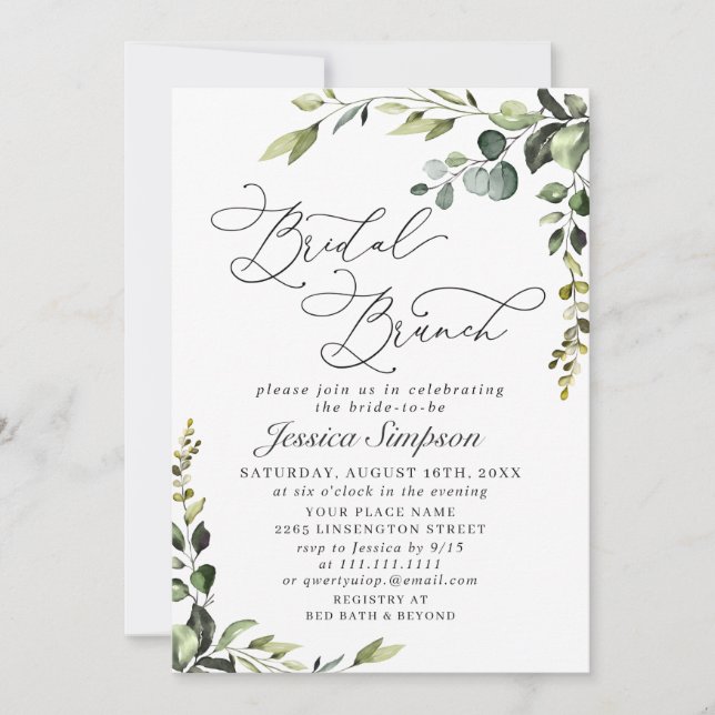 Invitación Elegante Eucalyptus Watercolor Bridal Brunch (Anverso)