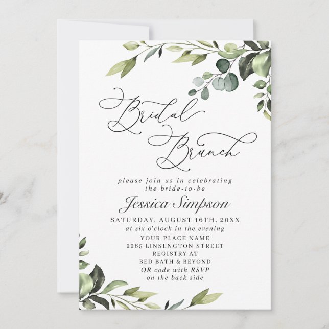 Invitación Elegante Eucalyptus Watercolor Bridal Brunch (Anverso)