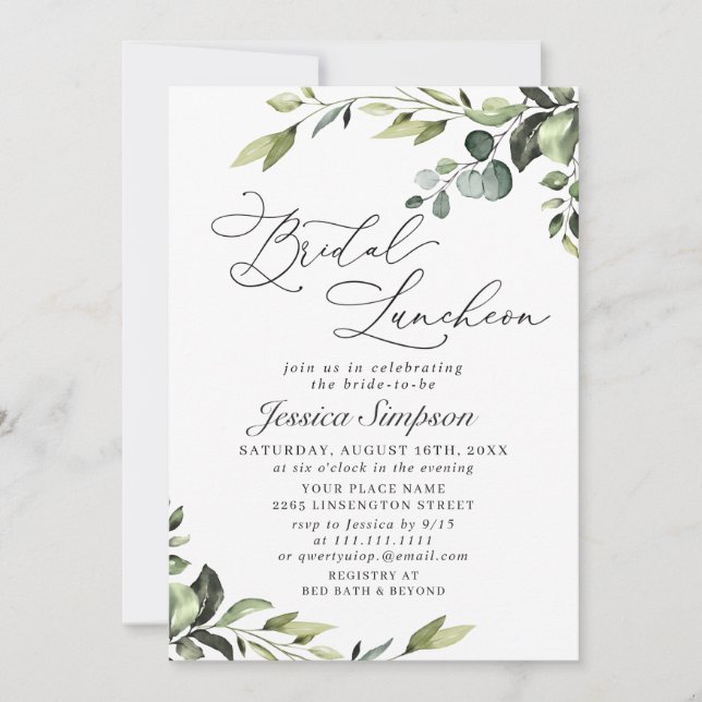Invitación Elegante Eucalyptus Watercolor Bridal Luncheon (Anverso)