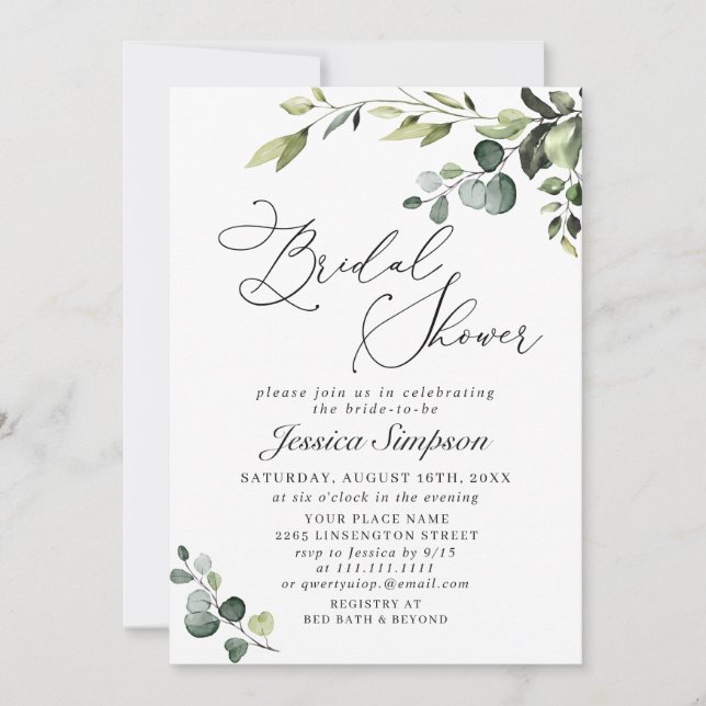 Invitación Elegante Eucalyptus Watercolor Bridal Shower (Anverso)