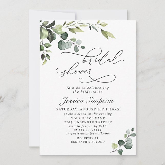 Invitación Elegante Eucalyptus Watercolor Bridal Shower (Anverso)
