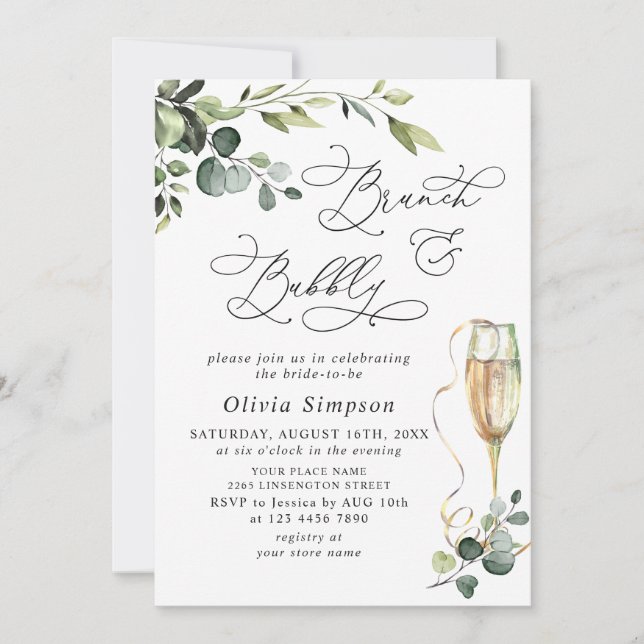 Invitación Elegante Eucalyptus Watercolor Brunch & Bubbly (Anverso)