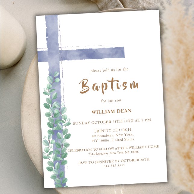 Invitación Elegante Eucalyptus Watercolor Cross Boy Baptism (Elegant Eucalyptus Watercolor Cross Boy Baptism Invitation)