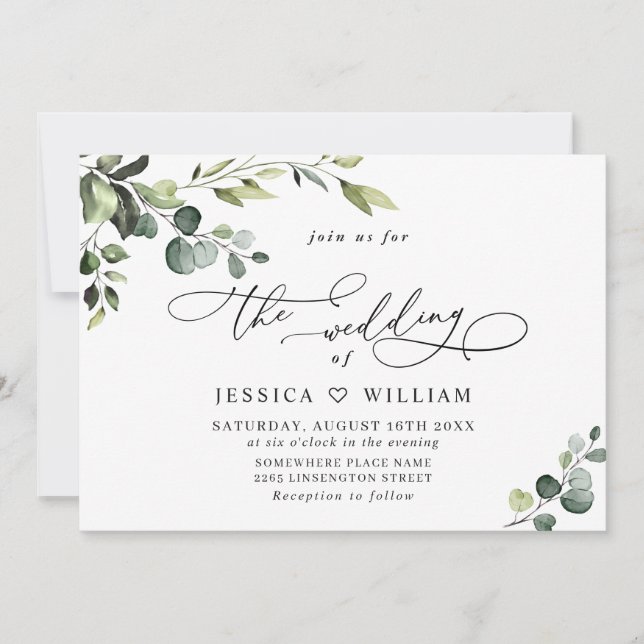 Invitación Elegante Eucalyptus Watercolor Greenery Boda (Anverso)