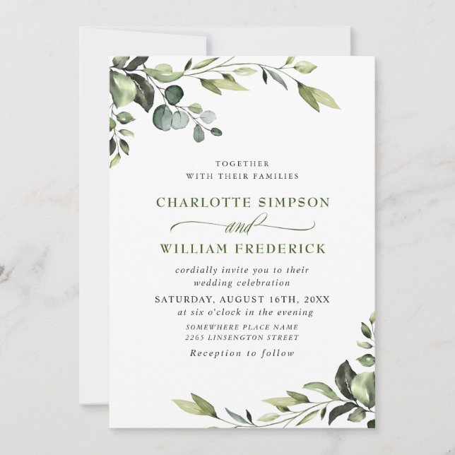 Invitación Elegante Eucalyptus Watercolor Greenery Boda (Anverso)