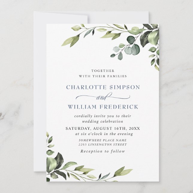 Invitación Elegante Eucalyptus Watercolor Greenery Boda (Anverso)