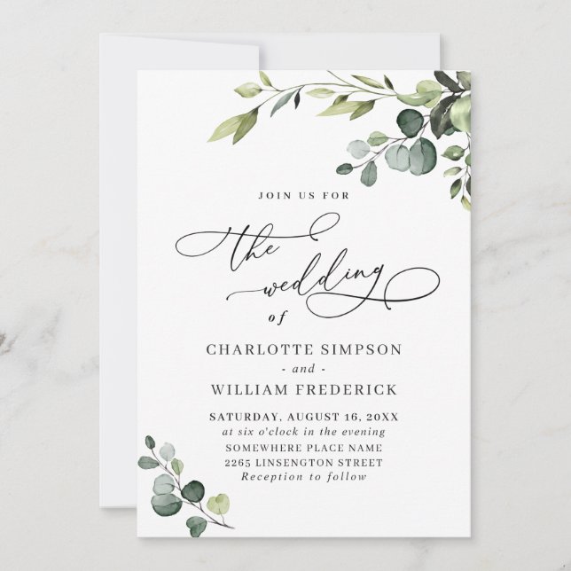 Invitación Elegante Eucalyptus Watercolor Greenery Boda (Anverso)