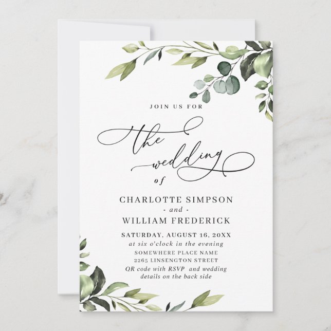 Invitación Elegante Eucalyptus Watercolor Greenery Boda (Anverso)