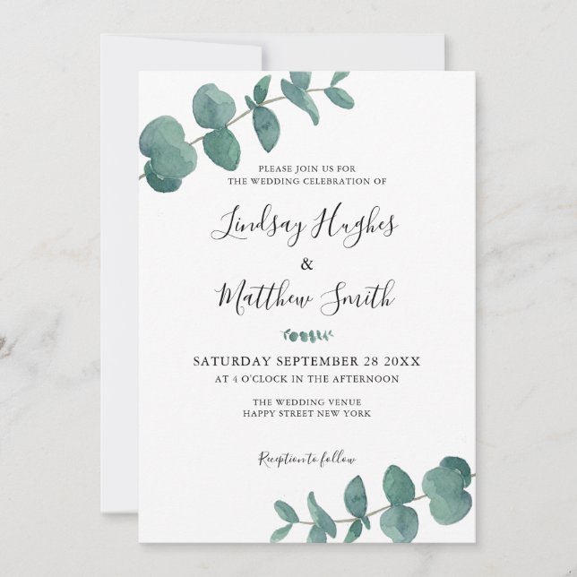 Invitación Elegante Eucalyptus Watercolor Leaves Boda (Anverso)