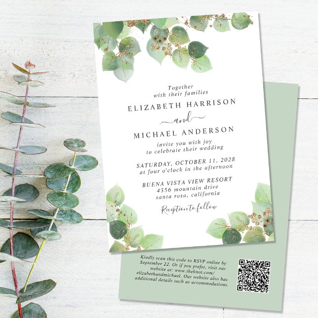 Invitación Elegante Eucalyptus Watercolor QR Code Boda (Subido por el creador)