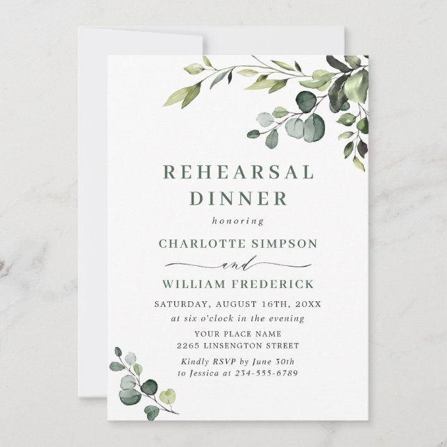Invitación Elegante Eucalyptus Watercolor REHEARSAL CENA (Anverso)