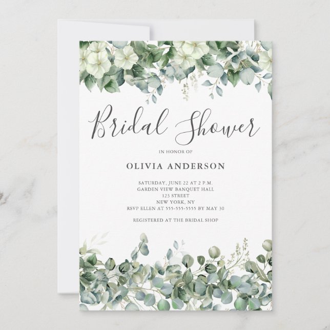 Invitación Elegante Eucalyptus White Foral Bridal Shower (Anverso)